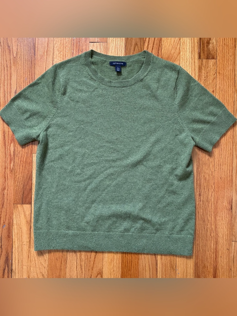 Land’s End Green 100% Cashmere Knit Crew Neck Short Sleeve Sweater Women’s L